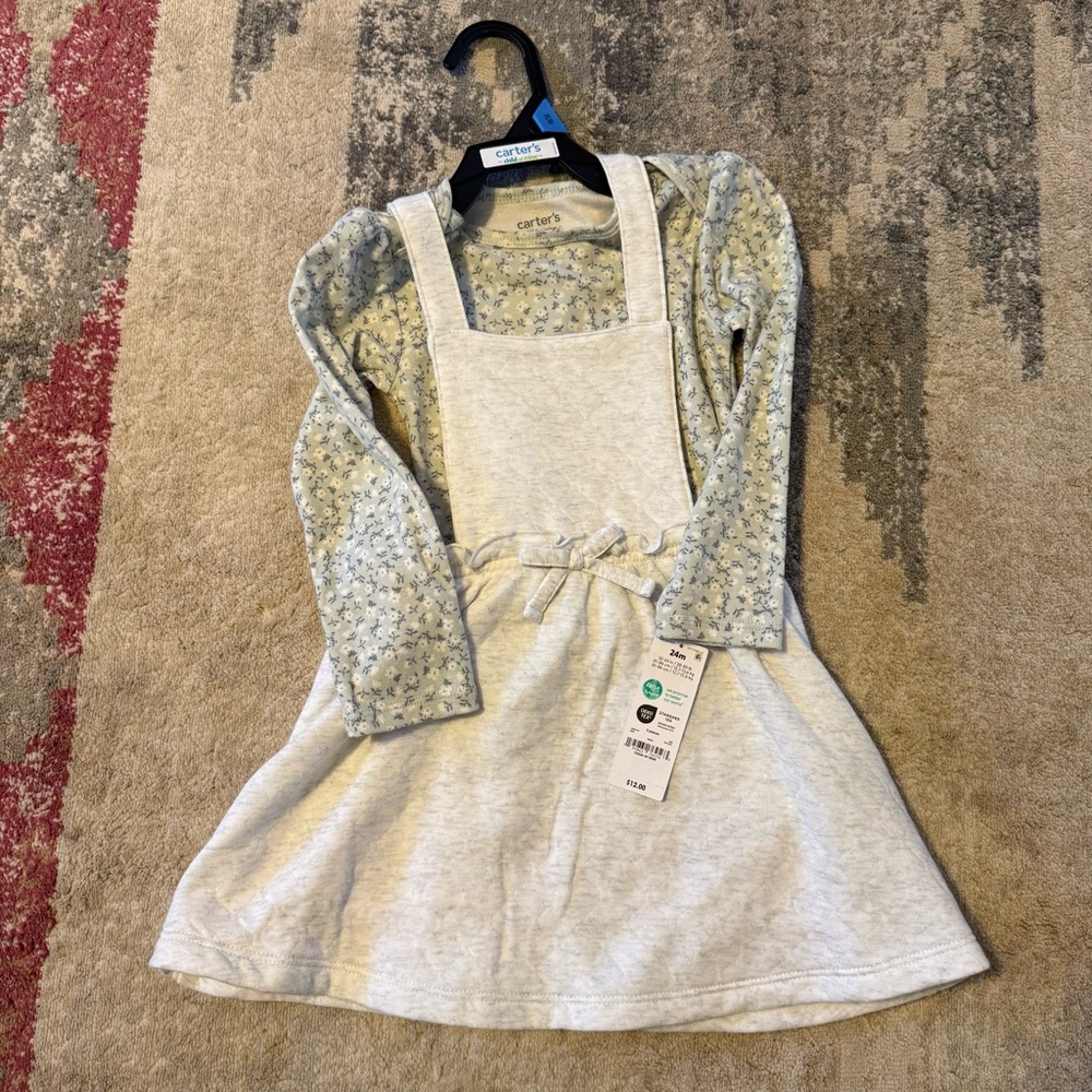 Carter's light Gray dress with sage green floral onesie. NWT 24m